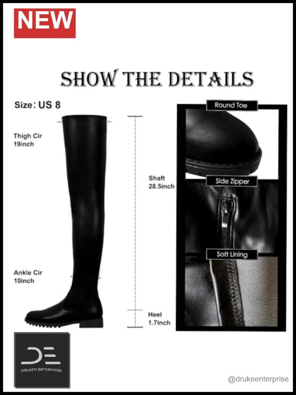Over the Knee Boots Round Toe Low Chunky Heel Faux Leather Stretch